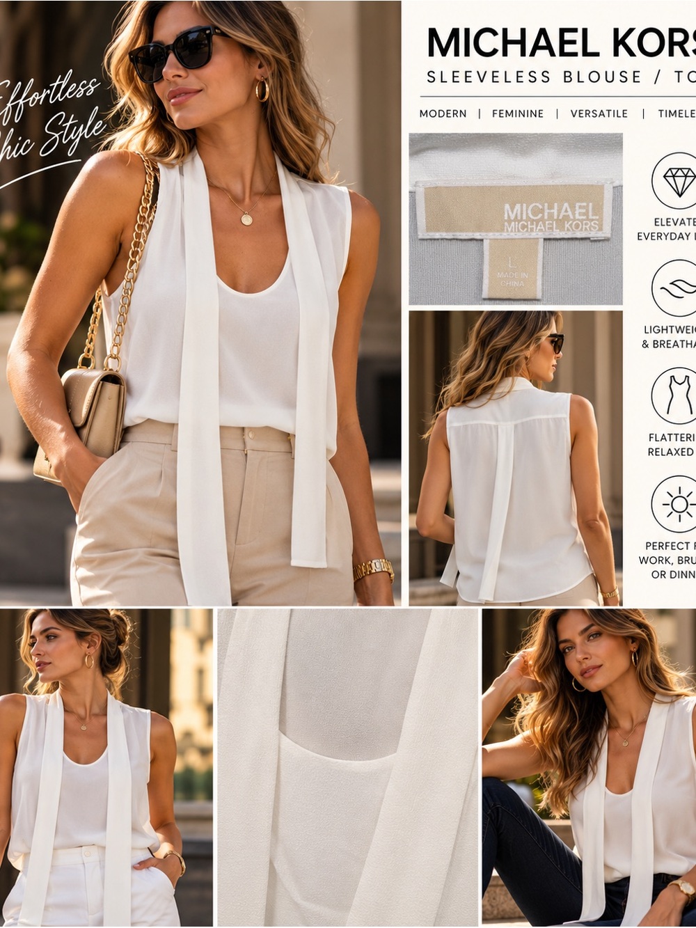 Michael Kors White Sleeveless Tie-Front Blouse size Large